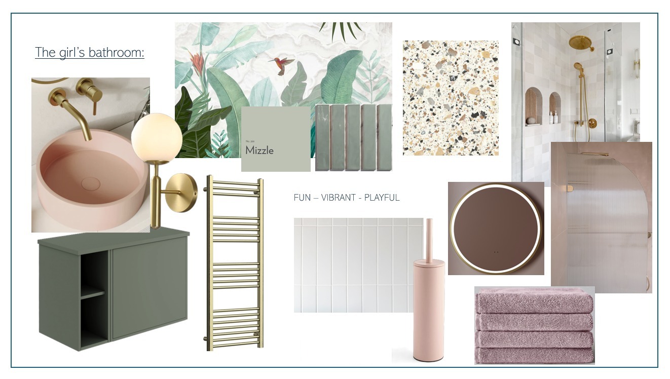 Example design pack scheme board with tiles, terrazzo, brassware and joinery finishes