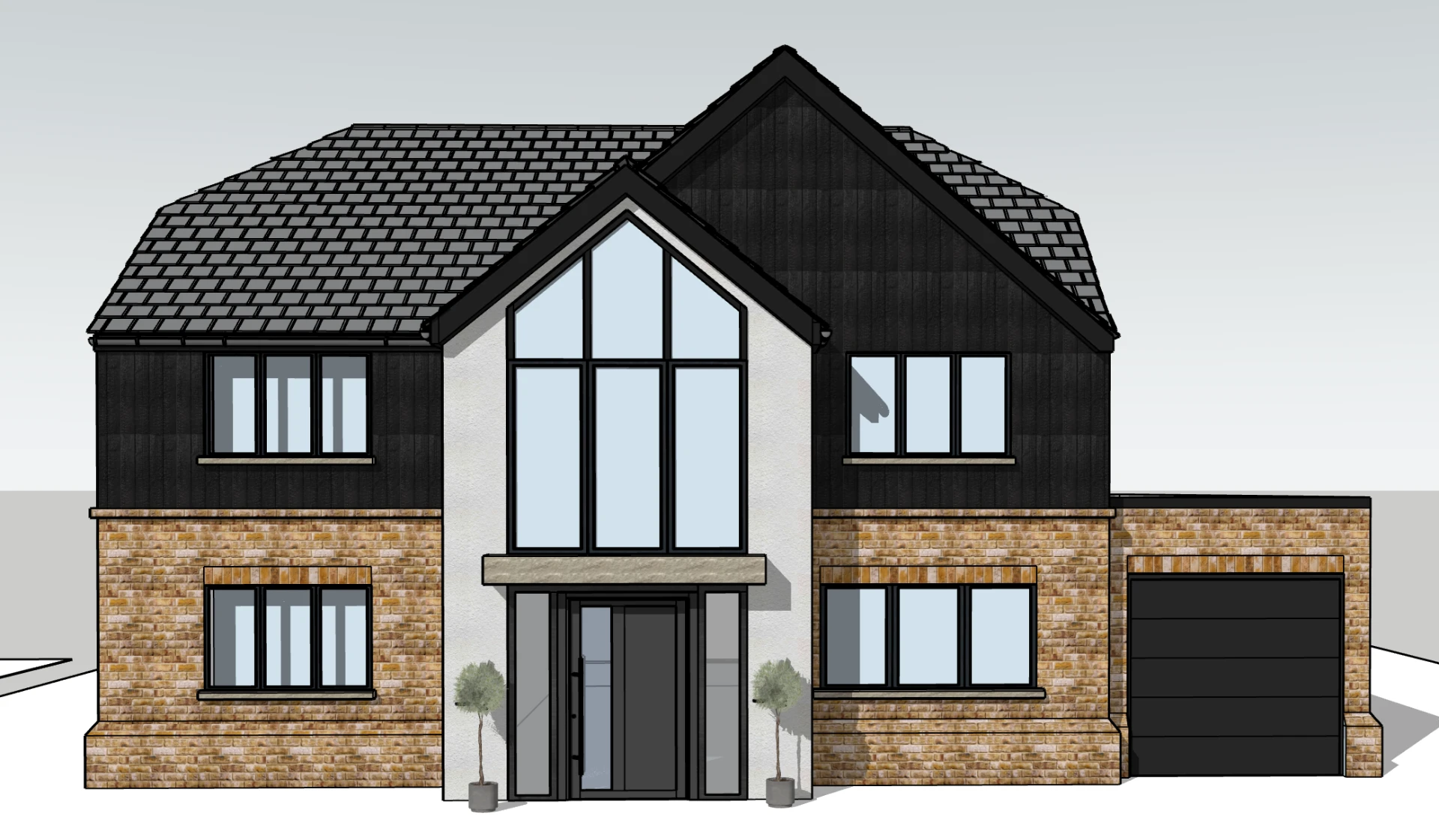 3D render of a contemporary detached house with brick, render and dark timber cladding
