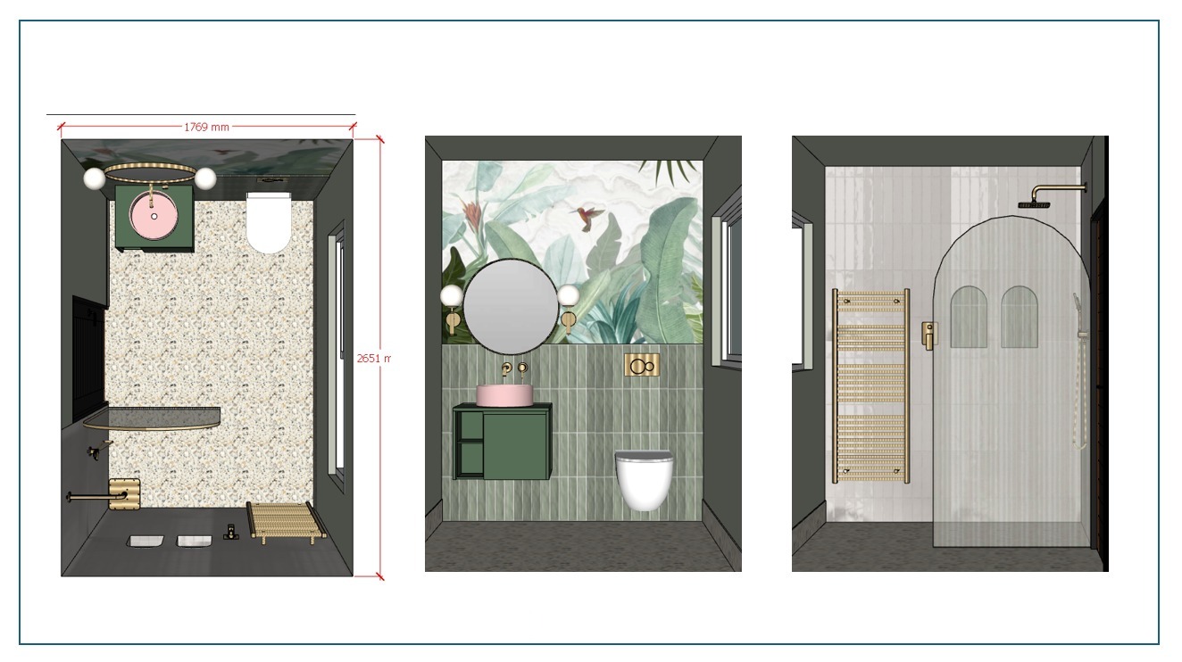 Example design pack sheet showing a measured bathroom plan and two elevations
